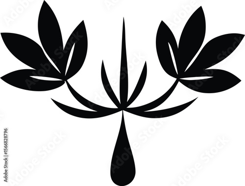 Elegant black silhouette of a stylized plant with five petals on each side and a droplet at the base