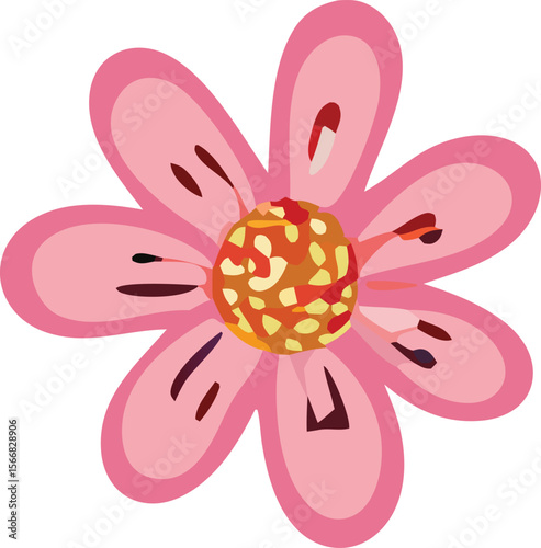 A stylized pink flower with a textured appearance and a vibrant multi colored center isolated on a white background