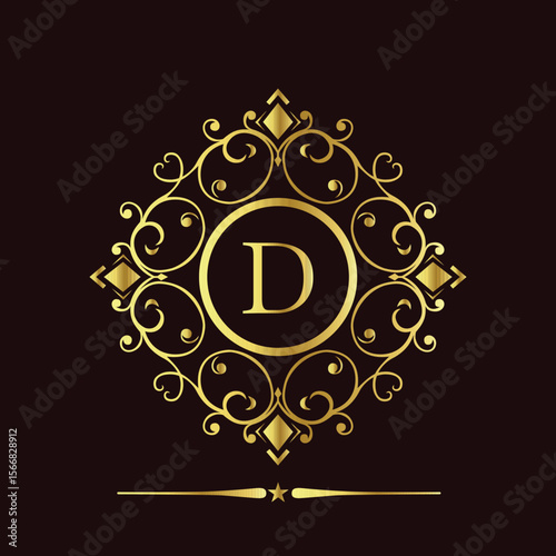 Elegant golden letter D logo with intricate circular design and black background for luxury branding  
