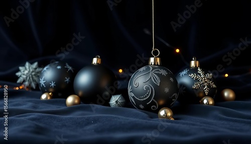 Elegant black Christmas ornaments on a rich velvet backdrop, perfect for luxury holiday marketing,  christmas decor,  luxury christmas