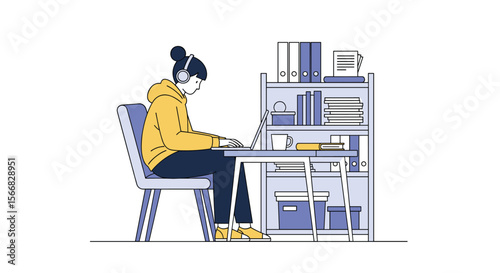 Young person focused on computer work wearing headphones at a desk with books and folders in a brightly lit workspace