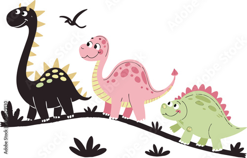 Cartoon Dinosaurs Walking on a Branch with Bird Flying Above Them