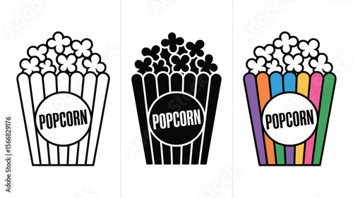 Three popcorn container illustrations in black and white and rainbow color scheme variations
