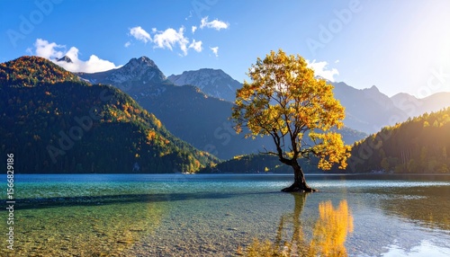 Scenic lake landscape with mountains, tree in fall colors