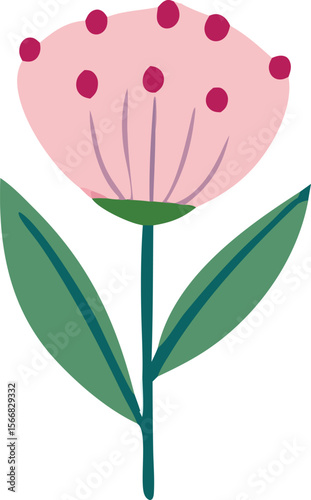 A whimsical illustration of a stylized pink flower with dark pink circular accents and broad green leaves on a white background