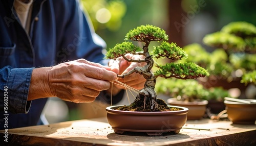Person carefully tending to a miniature bonsai tree in a serene garden setting