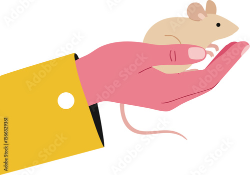Human hand holding small brown mouse with pink sleeve and yellow coat vector illustration