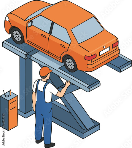 Car repair service with mechanic working under orange vehicle on lift in garage vector illustration