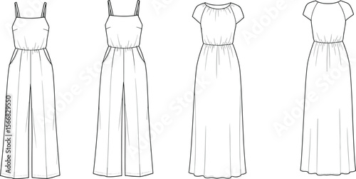 Fashion sketch duo, wide-leg spaghetti strap jumpsuit and short-sleeve gathered waist dress, front and back views, technical illustration template design