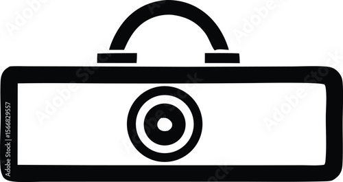Simple black and white icon of a vintage camera with a curved handle and concentric circles representing the lens