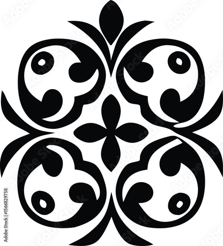 Elegant black and white symmetrical floral motif with swirling leaf like elements and a central quatrefoil design