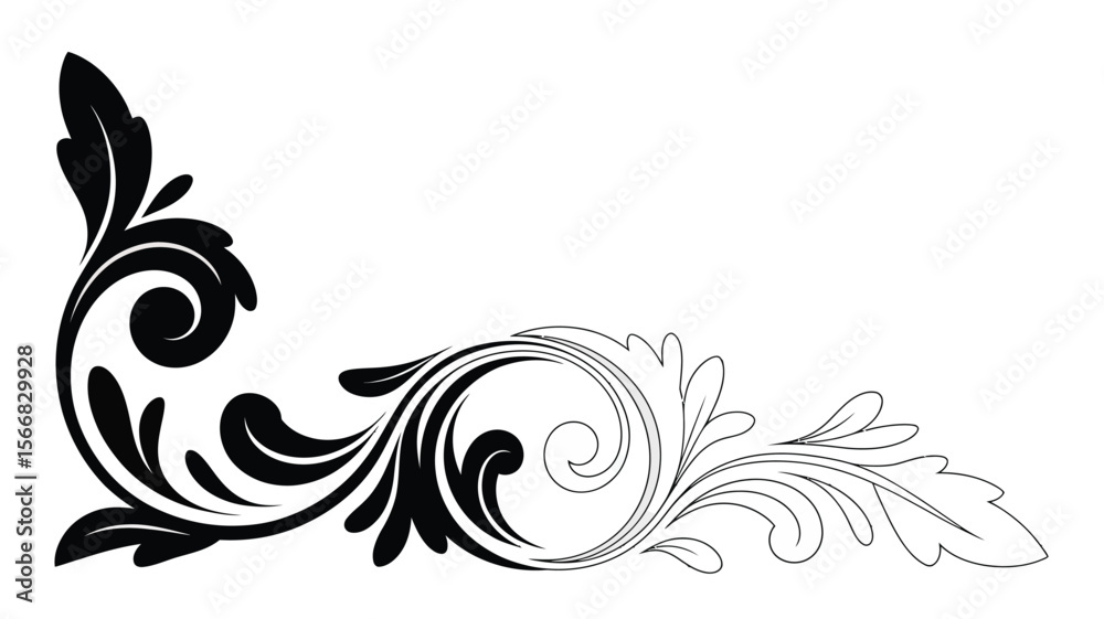 Fototapeta premium A black and white floral corner design with swirling leaves and a decorative flourish on a white background