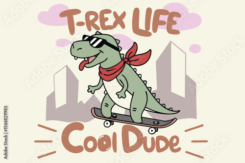 Cartoon T Rex with Sunglasses Riding Skateboard in the City