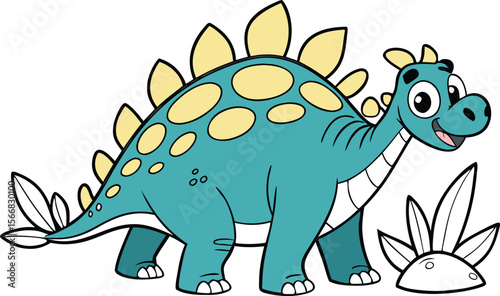 Cute Cartoon Stegosaurus Dinosaur with Color and Outline Versions for Coloring