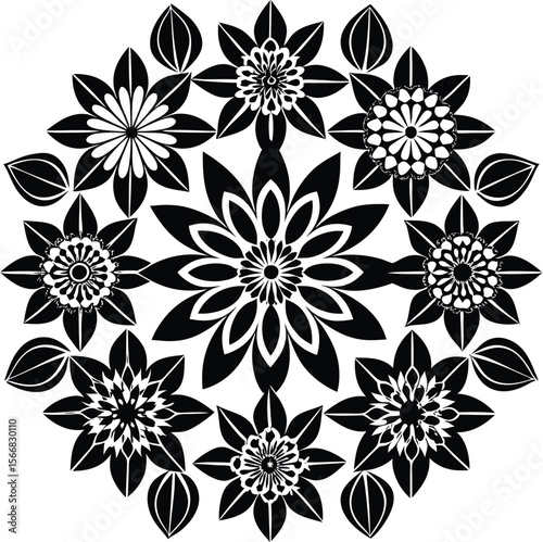Intricate black and white floral mandala pattern with repeating petal designs and leaf accents on a clean white background