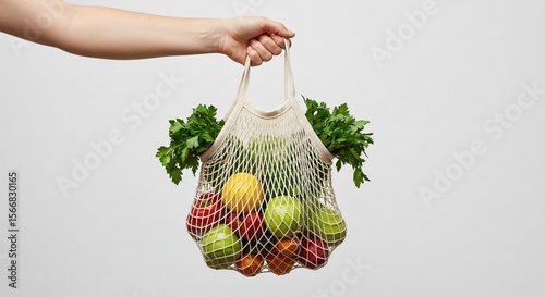 Hand Holding Reusable Mesh Bag Filled with Colorful Fruits and Parsley