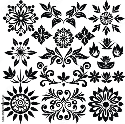 Collection of intricate black and white floral and ornamental decorative elements and designs suitable for various artistic applications