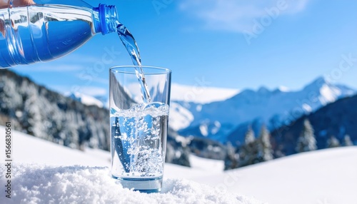 Pouring water into a glass, snowy mountain backdrop