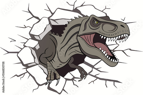 Cartoon Tyrannosaurus Rex Breaking Through a Wall with Aggressive Expression