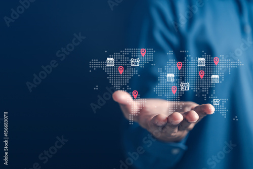 Photos Franchise business expansion with store and map location pins representing global marketing, international strategy, retail network, multi-location branding, and worldwide distribution system