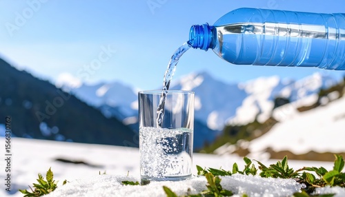 Pure water pouring into a glass, snow mountains in the background