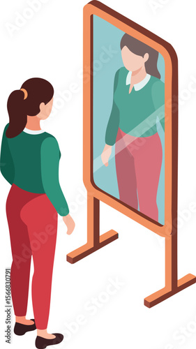 Woman looking at herself in full length mirror standing on floor in casual outfit vector illustration