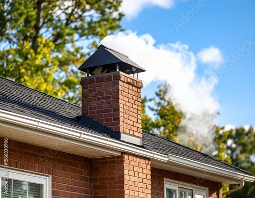 Red brick chimney with black cap, smoke against blue sky
