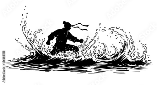 Martial Artist Silhouette in Water Splash.