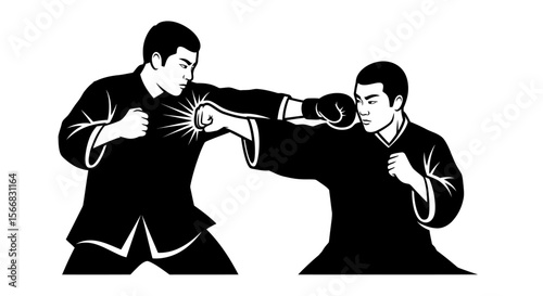 Martial arts fight with black and white illustration.