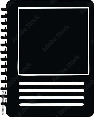 Simple black silhouette of an open spiral bound notebook with blank pages and a lined section at the bottom