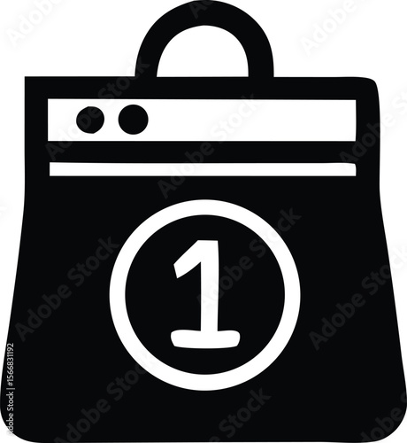 Stylized black and white icon representing a shopping bag with two circles and a prominent number one inside a larger circle