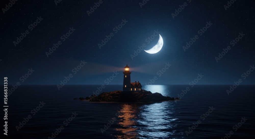 Fototapeta premium Lighthouse at Night with Crescent Moon