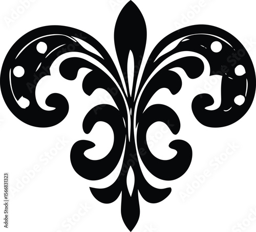 Elegant black fleur de lis ornament with swirling decorative elements and circular accents on a white background
