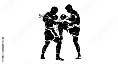 Muay Thai Boxing Fight Sparring Silhouette Art.