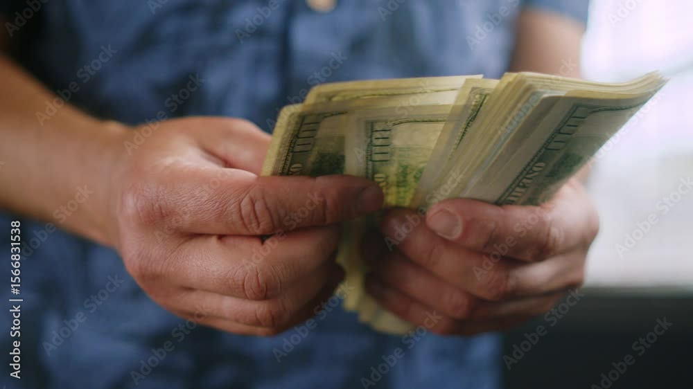 Financial Motif Of Counting Cash In Room Points Toward Hidden Profits, Illegal Investment, Or Unregistered Enterprise Activity.Hands Holding Money At Home Near Window Implies Secret Business Dealings