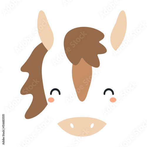 2026 Chinese zodiac sign, cute cartoon horse face isolated. Flat vector illustration. Kawaii animal character. Lunar New Year, Seollal, Tet holiday card, banner, poster, decor design element