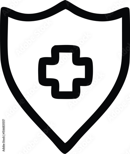 A bold black outline of a shield with a stylized plus symbol in the center symbolizing health and protection