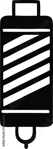 Stylized black and white illustration of a sewing thread spool with diagonal stripes and a hook