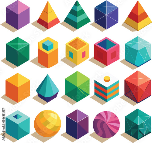 A vibrant collection of colorful isometric geometric shapes including cubes pyramids spheres and abstract forms presented on a white background