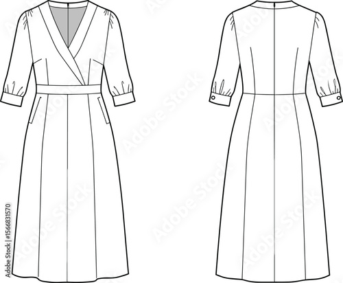 WebTiered puff-sleeve dress technical sketch, gathered neckline with tie detail, elastic cuffs, zipper closure, fashion illustration, front and back view design