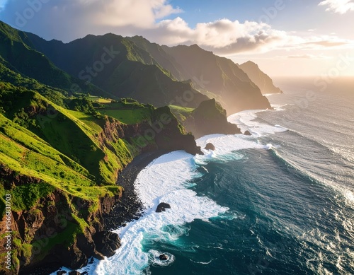 Rugged cliffs meet ocean waves, bathed in golden sunlight