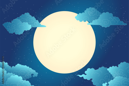 Moon, Asian clouds, stars, moonlit night sky background. Hand drawn vector illustration. Qixi, Mid Autumn Festival backdrop. Traditional Chinese, Japanese, Korean design elements