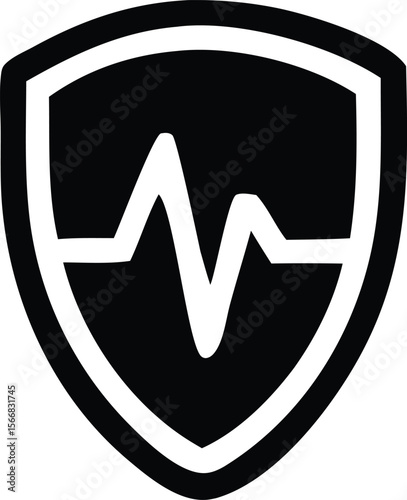 Black shield emblem featuring a white electrocardiogram heartbeat line symbolizing health and security