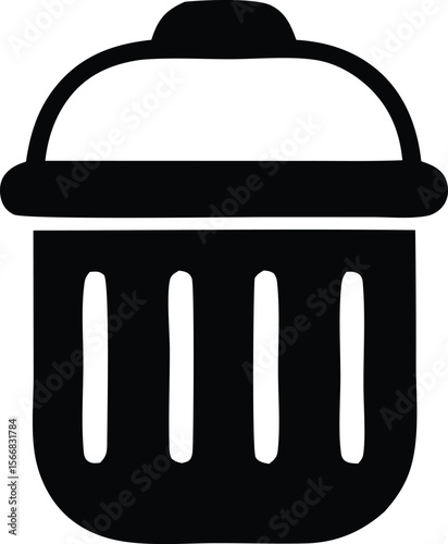 Simple black silhouette of a trash can with a lid and vertical slots isolated on a white background representing waste management and disposal