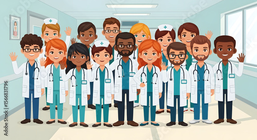 A team of smiling medical doctors and nurses standing together, representing healthcare teamwork
