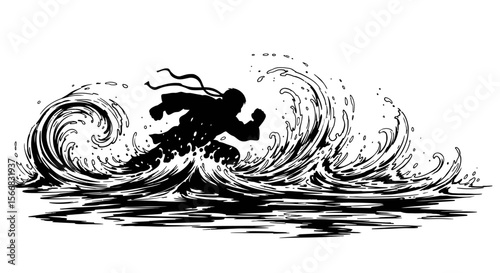 Ninja Warrior Water Run Silhouette Black ink.