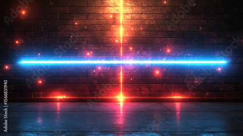 Illuminated abstract wall with vibrant blue and orange neon lights at dusk