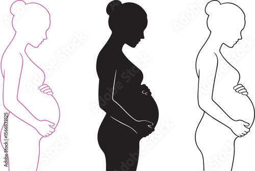 Three stylized silhouettes of a pregnant woman holding her belly