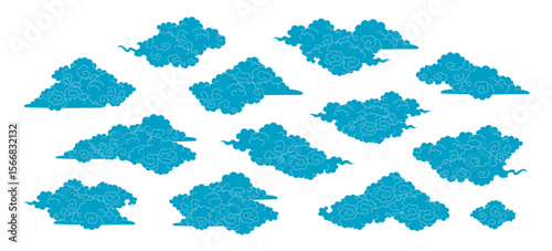 Line drawing Asian clouds collection isolated, blue on transparent. Hand drawn vector illustration. Chinese, Japanese, Korean design elements, clip art set. Traditional Buddhist thangka art