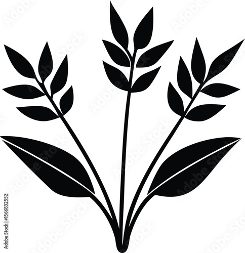 Stylized black silhouette of three wheat stalks with broad leaves against a white background